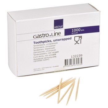 Tandstikker Gastro-Line, 6,5cm, natur, runde, med spids i begge ender, løst pakket 1000stk/pak