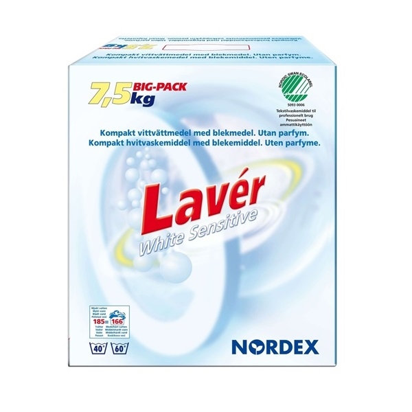 Vaskepulver Lavér White Sensitive, 7,5 kg/pk / Svanemærket