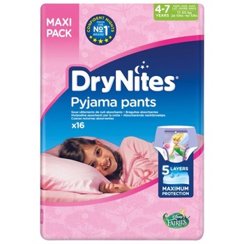 Børneble, bukseble, DryNites Pyjama Pants, lilla, 4-7 år, pige, med print 64stk/kolli