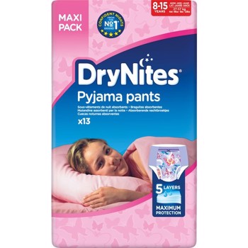 Børneble, bukseble, DryNites Pyjama Pants, lilla, 8-15 år, pige, med print 52stk