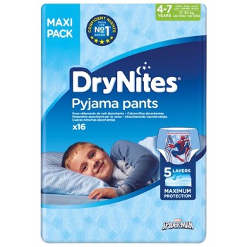 Børneble, bukseble, DryNites Pyjama Pants, blå, 4-7 år, dreng, med print 64stk/kolli