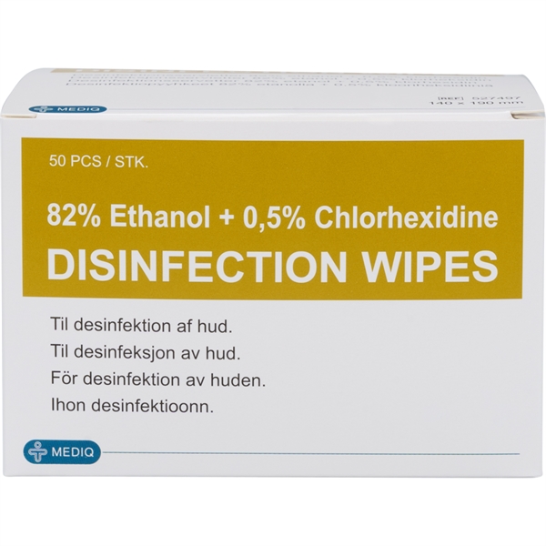 Desinfektionsserviet, 82% ethanol, 0.5% klorhexidin, enkeltpakket